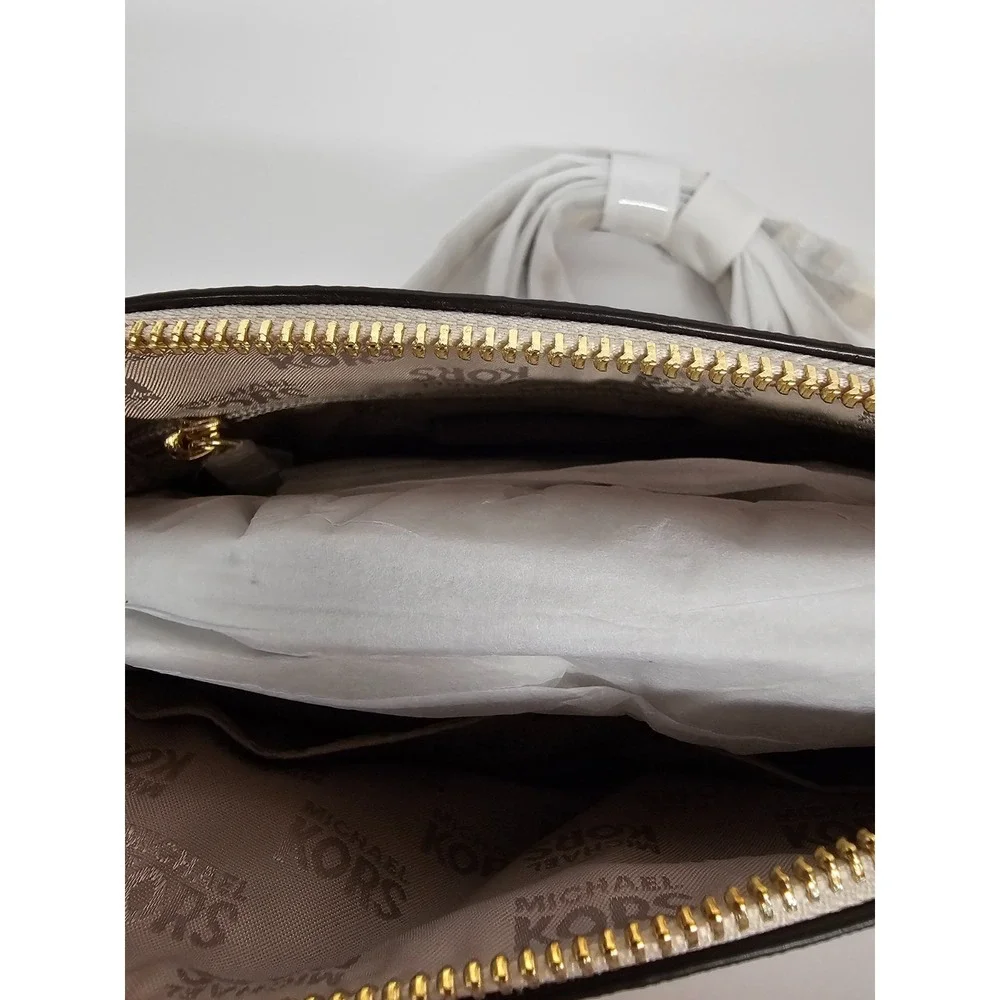 Michael Michael Kors Vanilla and Pale Gold Logo Print Leather Emmy Crossbody Bag